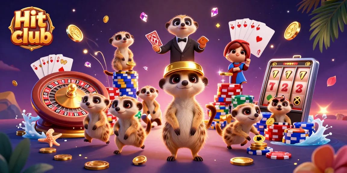 Hit club meerkats running a vibrant casino with dynamic elements like chips and cards