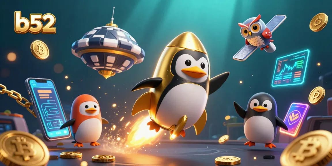Engage in b52 adventures with a golden penguin and crypto elements in a casino-themed universe.