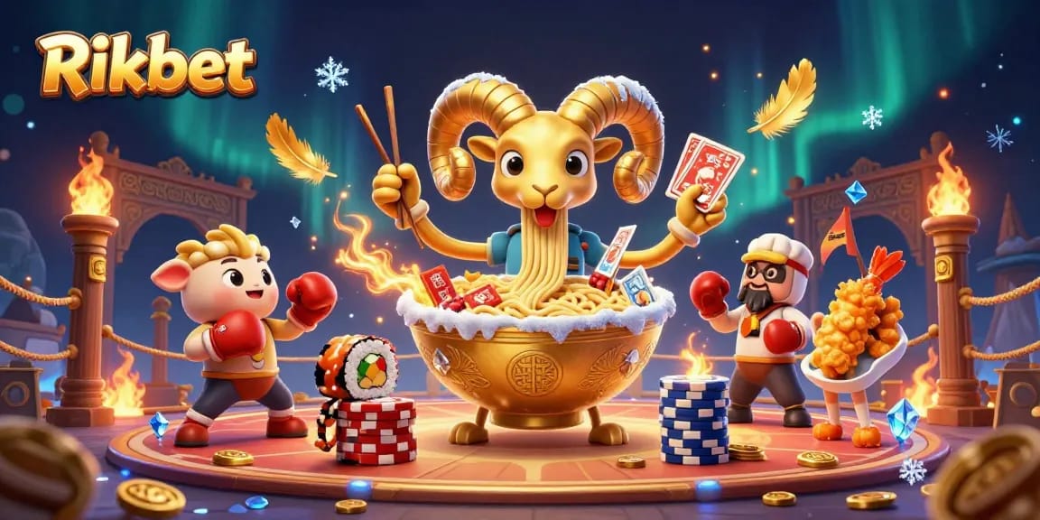 Rikbet's giant ramen bowl deals winning cards and chips in an animated casino scene.