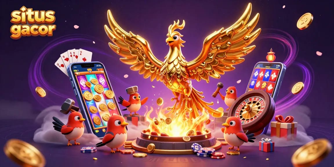 Experience the excitement of situs slot gacor with a dynamic illustration of a molten phoenix and action-packed gaming elements.