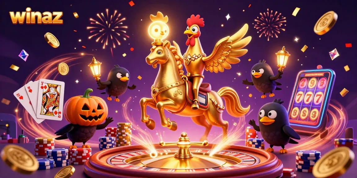 Winaz players enjoy a thrilling visual of the golden rooster and friends experiencing the excitement of a midnight casino.