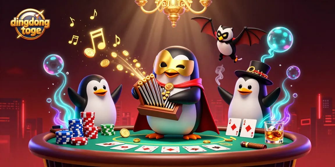 Dingdongtoge showcases a vibrant 3D scene with a unique penguin character amidst an exciting poker setup.