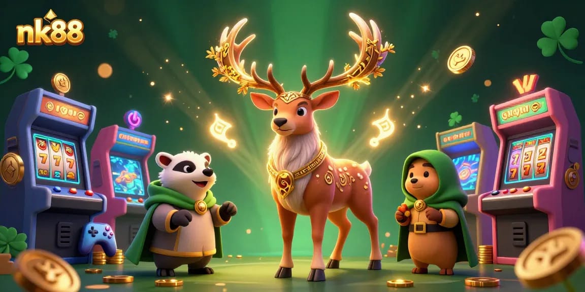 Play exciting games and earn rewards at nk88 with a lively, captivating casino scene filled with rich illustrations.