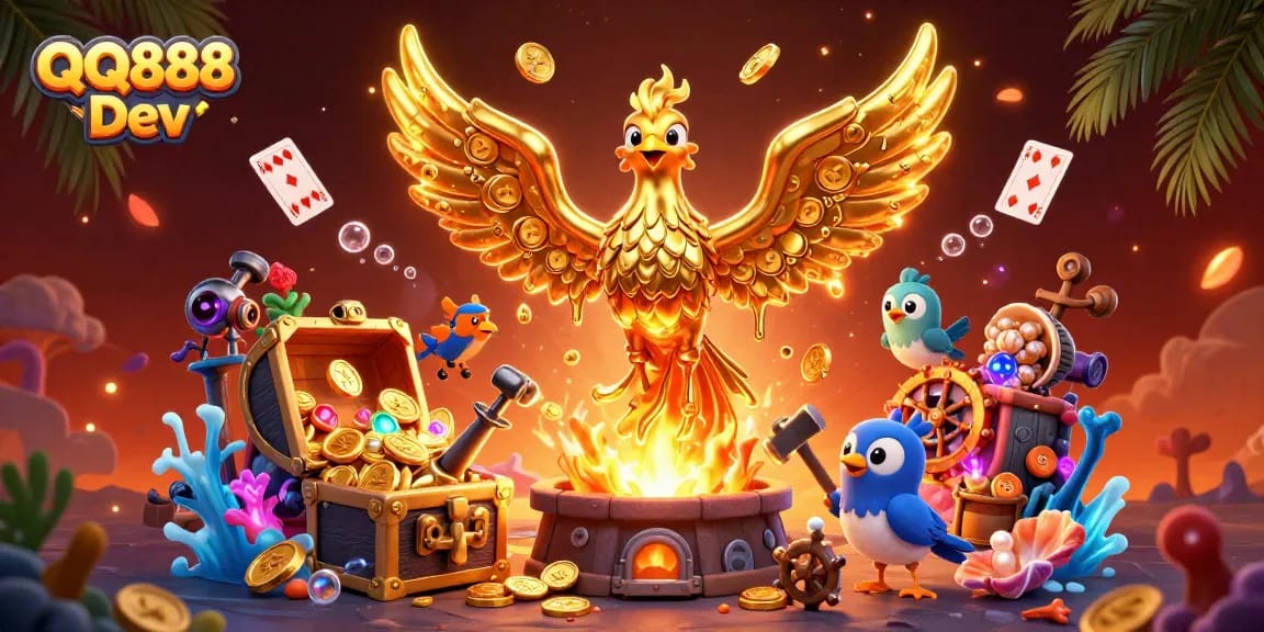 Experience the thrill of gambling with QQ888 Dev in a vibrant, gold-filled casino illustration.