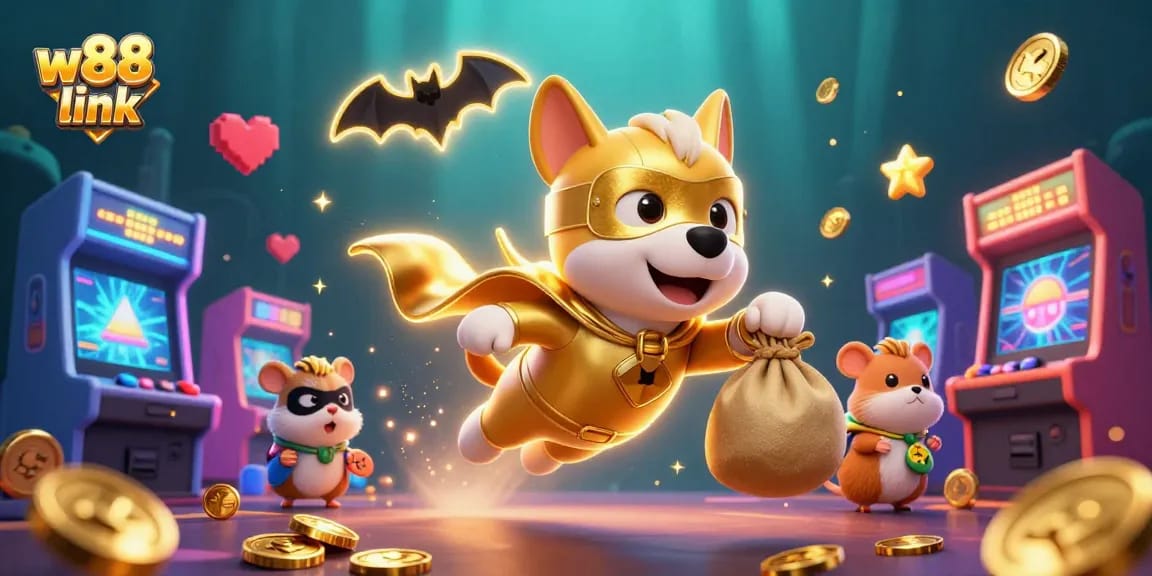 Experience the thrill with w88 link in this vibrant casino-themed illustration featuring heroic characters and gaming elements.