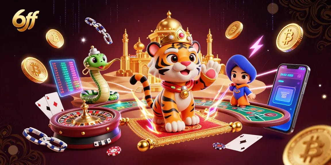 Experience the thrill of 6ff with a vibrant casino scene featuring a tiger sultan, poker chips, and digital elements.