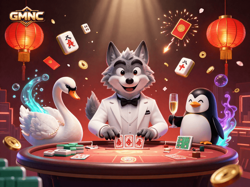 Engage in GMNC's vibrant casino atmosphere with a wolf, swan, and penguin in action.