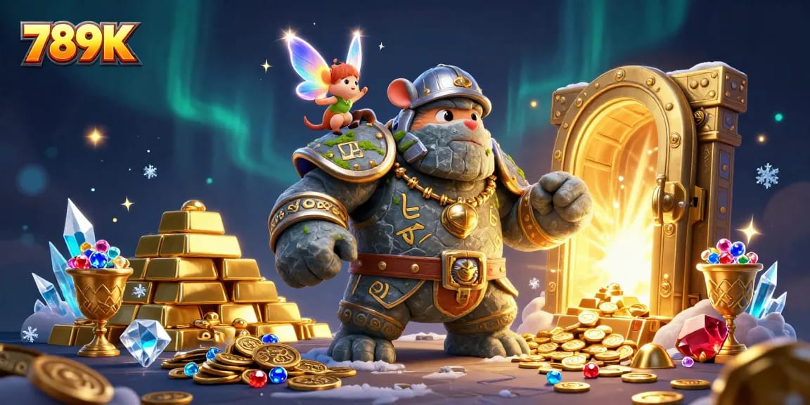 Join the adventure with 789K as the golem guardian and fairy cast magical charms in a casino treasure realm.