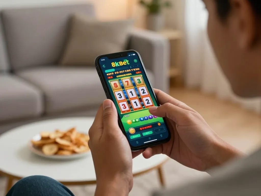 Active player engaging with 8kbet casino app on smartphone in cozy home setting.