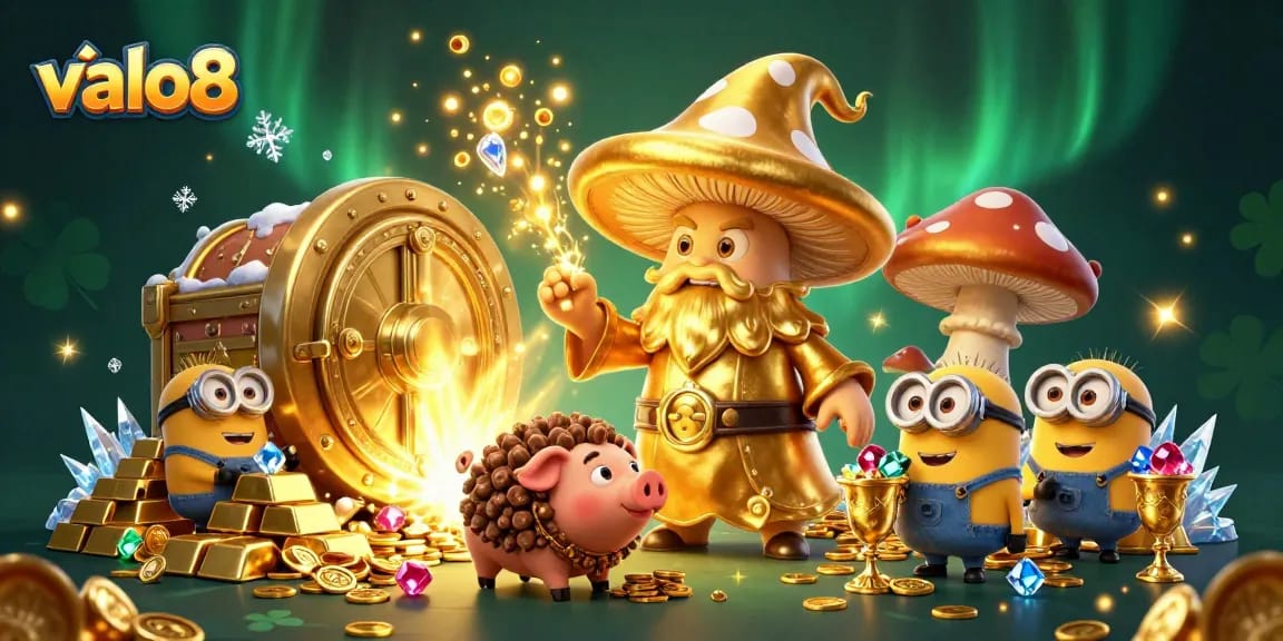 Experience the magic of về alo8 with this vibrant 3D illustration showcasing golden treasures and whimsical characters.