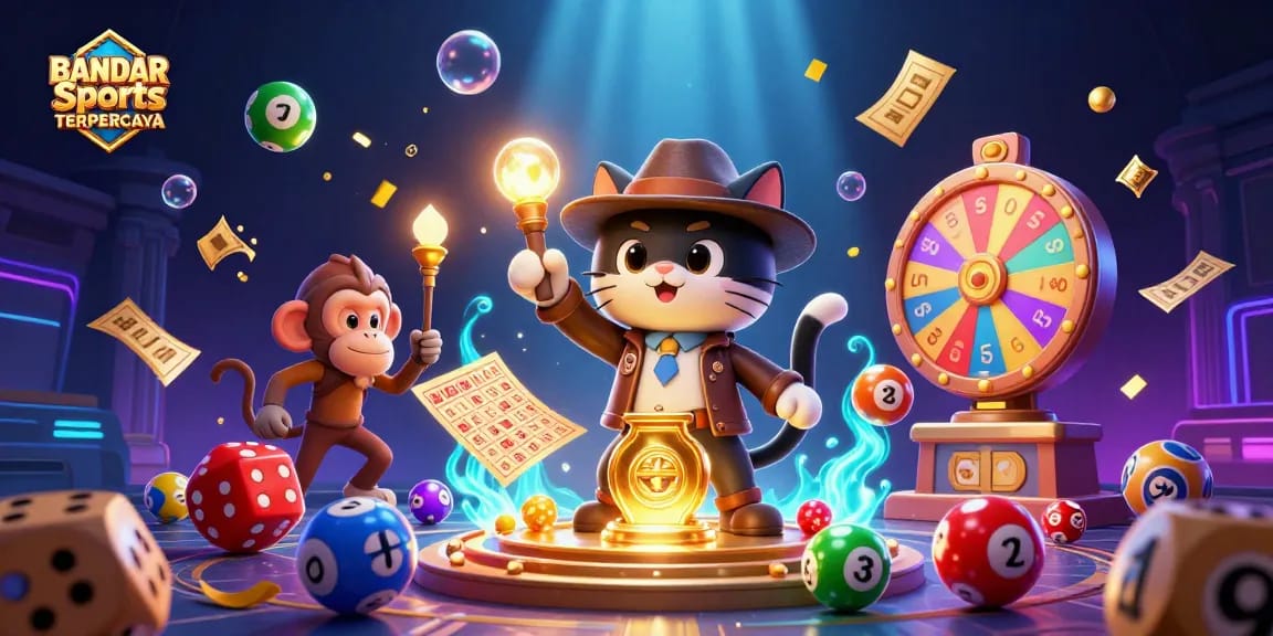 BANDAR Sports TERPERCAYA showcases an archaeologist cat uncovering golden casino treasures amid dynamic lottery elements.