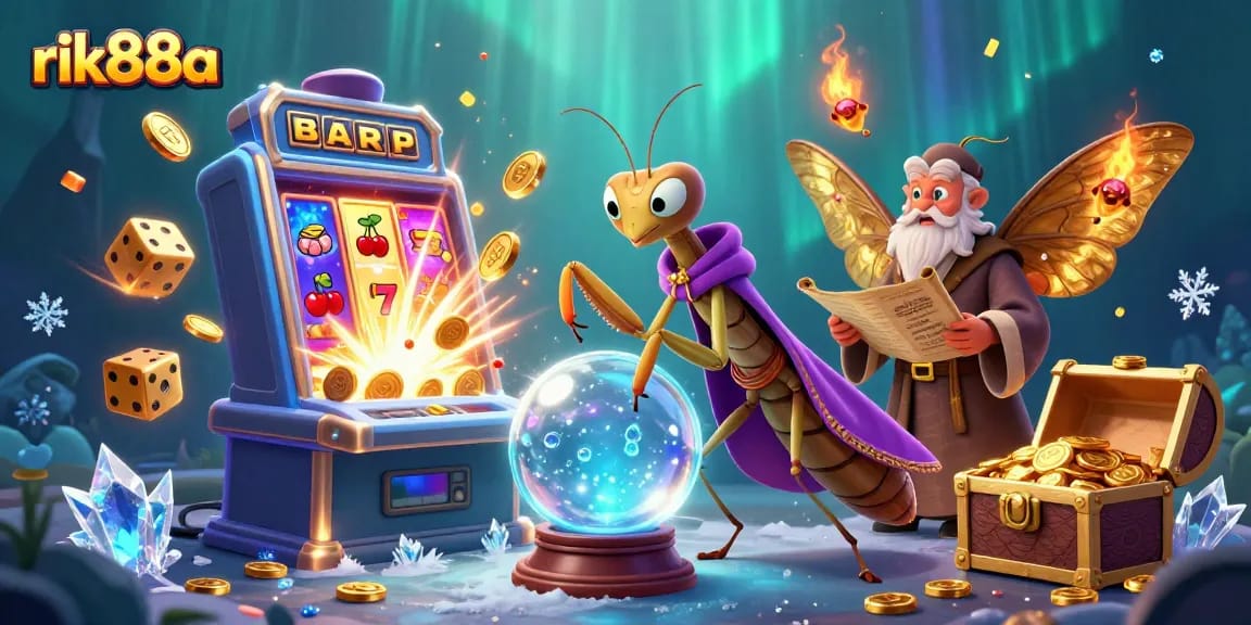 Engage in slots and jackpots at rik88a with a magical scene of fortune tellers and vibrant casino graphics.