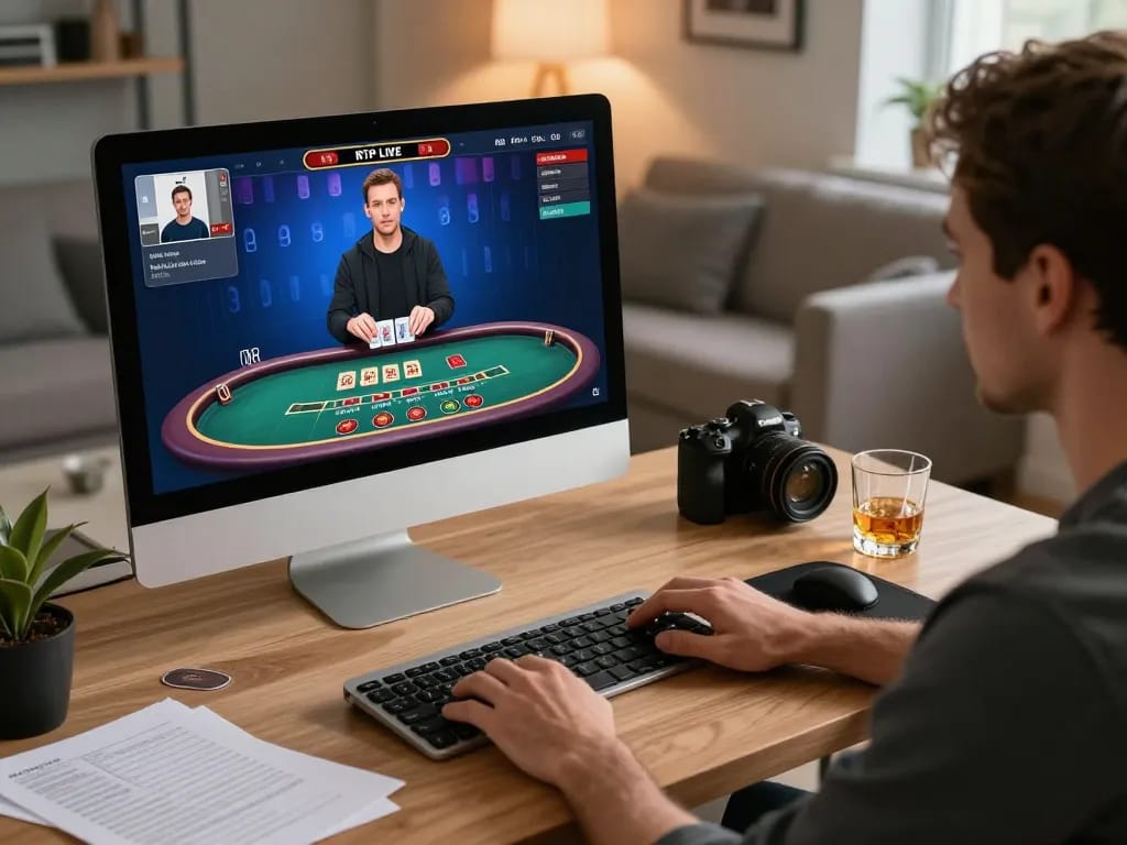 Engaging RTP Live gaming experience with a player enjoying blackjack at a stylish home office setup