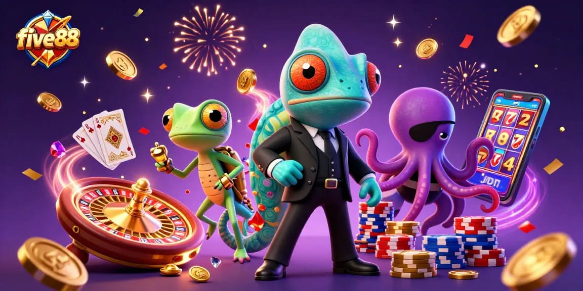 Experience five 88 action with secret agent chameleon, tech-savvy gecko, and villainous octopus in a thrilling casino scene.