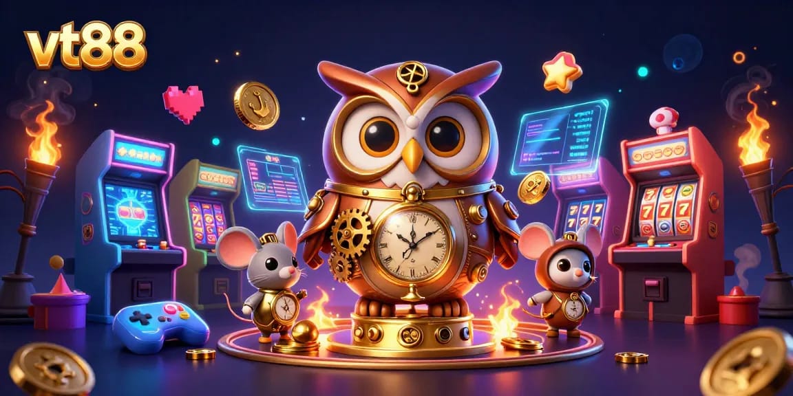 Experience thrilling gaming adventures with vt88's steampunk owl in a vibrant casino scene.