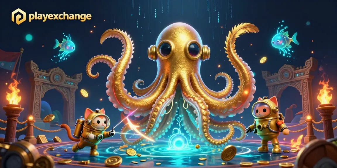 Playexchange showcases a thrilling scene with a kraken and diving cat, symbolizing casino adventures.