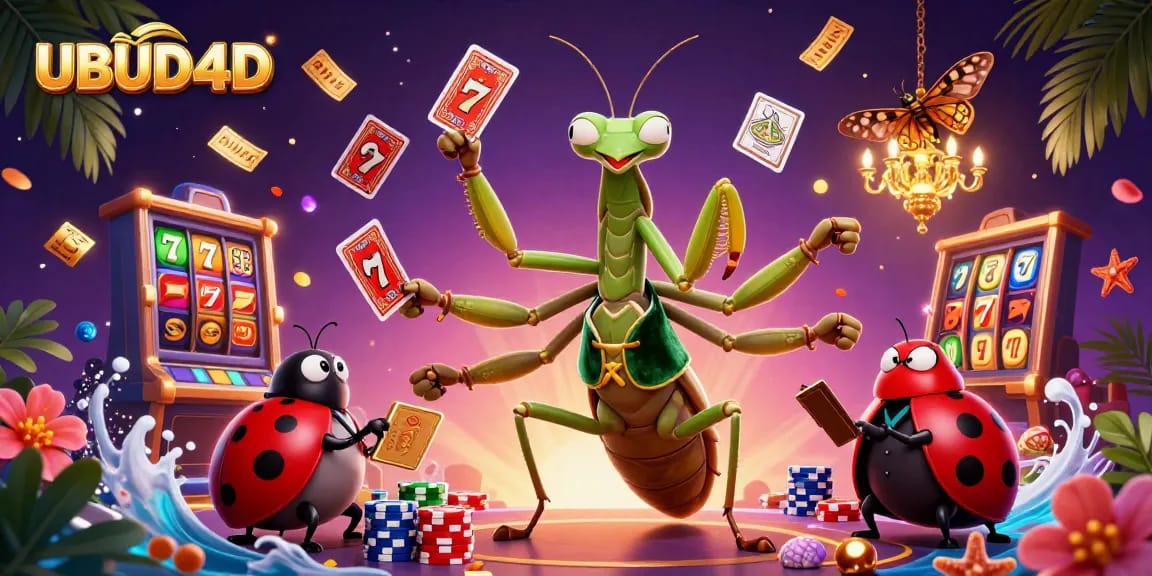 Experience the excitement of UBUD4D slots with a giant mantis dealing cards amid vibrant game elements.