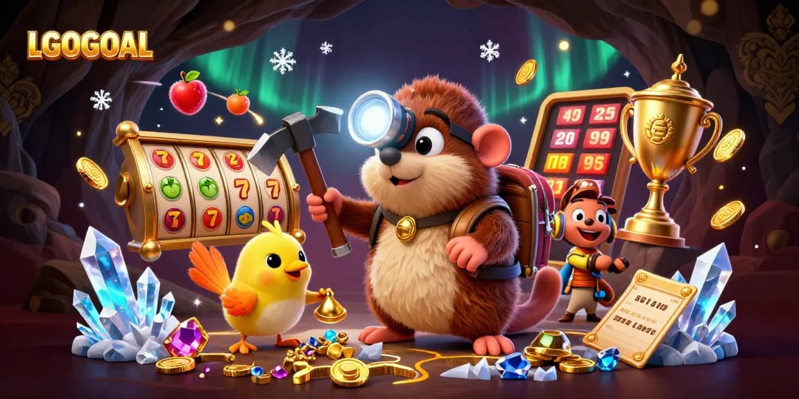 Experience gaming thrills with LGOGOAL's treasure hunter mole and dynamic slot elements in a vibrant 3D illustration.