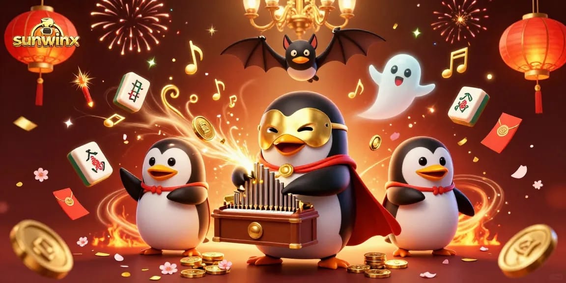Experience the thrilling game play of sunwinx; a penguin organist launches coins amid a festive casino scene.