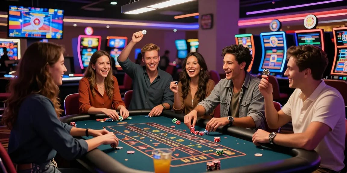Gorabet güncel giriş ile arkadaş grubunun canlı bir şekilde rulet masasında eğlendiği bir casino atmosferi.