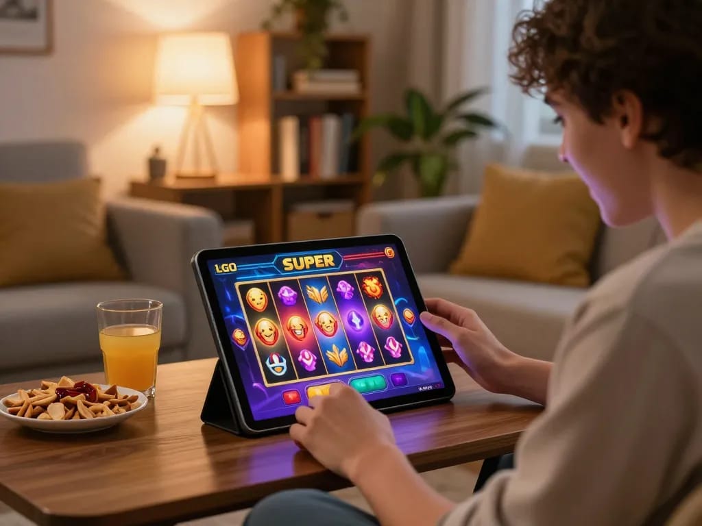 LGO SUPER player engaging with exciting online slots in a cozy home environment