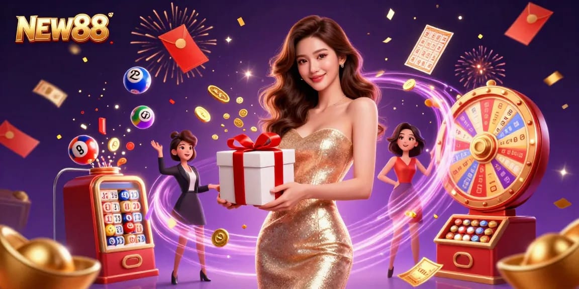 Experience winning with NEW88 in a vibrant casino-themed illustration full of festive elements.