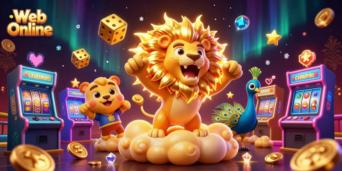 Engage with Web Online's thrilling slot machines and gaming adventures in a vibrant 3D artwork.