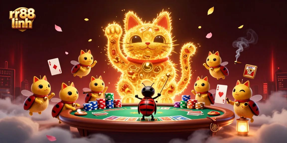 Spin and win with rr88 linh in this vibrant online casino scene featuring a lucky cat.