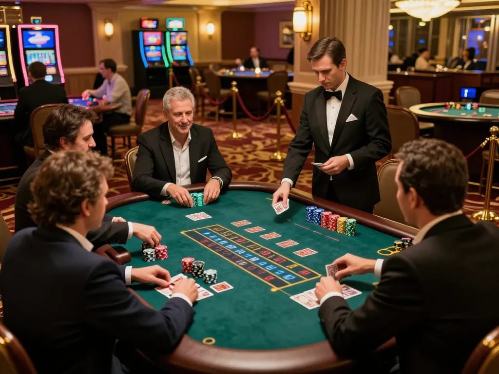 Players engaged at a blackjack table in a vibrant casino showcasing Pragmaticplay's gaming strategy.