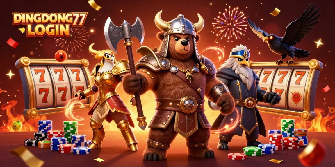 DINGDONG77 LOGIN animated scene with Viking bear and Valkyrie eagle surrounded by slot machines.