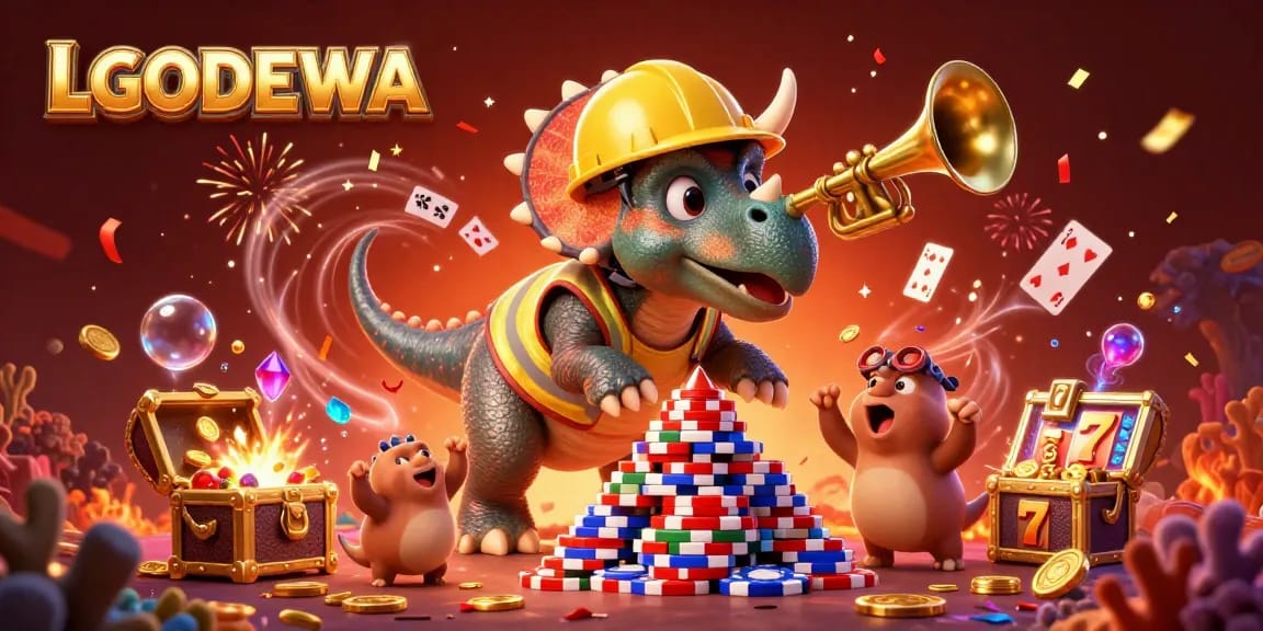 Experience thrilling gaming with LGODEWA as a triceratops builds a poker chip pyramid, celebrating wins!