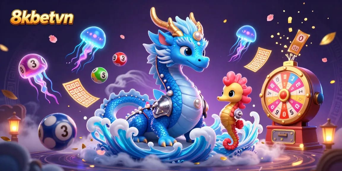 Immerse in 8kbetvn casino excitement with colorful lottery elements and a mystical underwater scene.