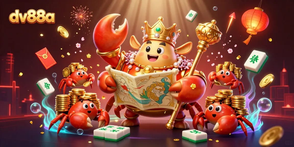 Experience the allure of dv88a with a majestic golden crab emperor amidst vibrant casino elements.