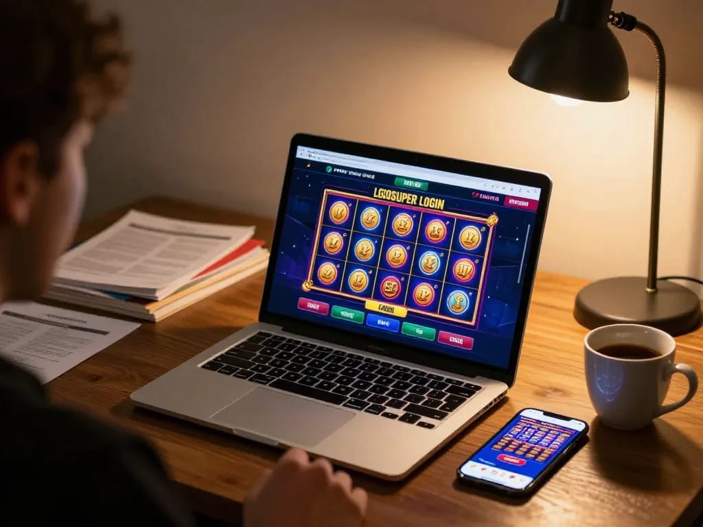 Engage in LGOSUPER LOGIN with a vibrant online gaming setup featuring colorful slots interface