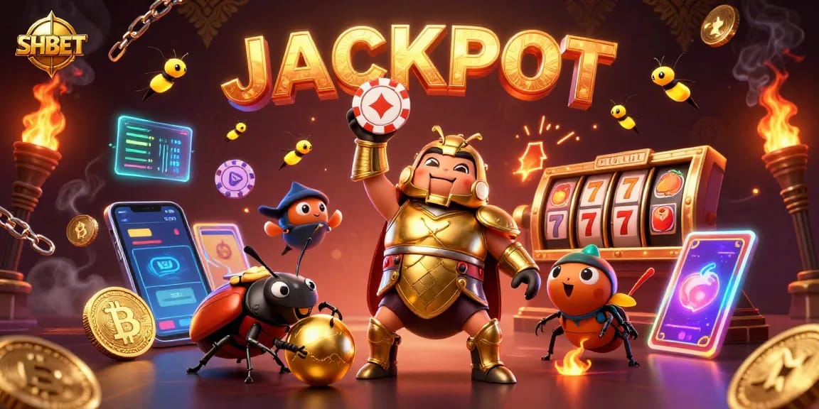 SHBET showcases a triumphant hercules beetle playfully lifting a poker chip amidst vibrant casino elements.