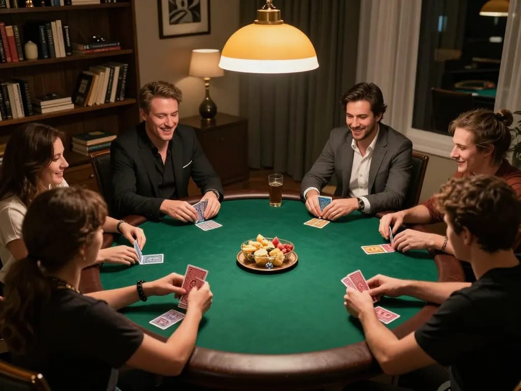 Players engage in strategic betting during a poker game in the cozy gaming room, highlighting TR88's luxurious atmosphere.