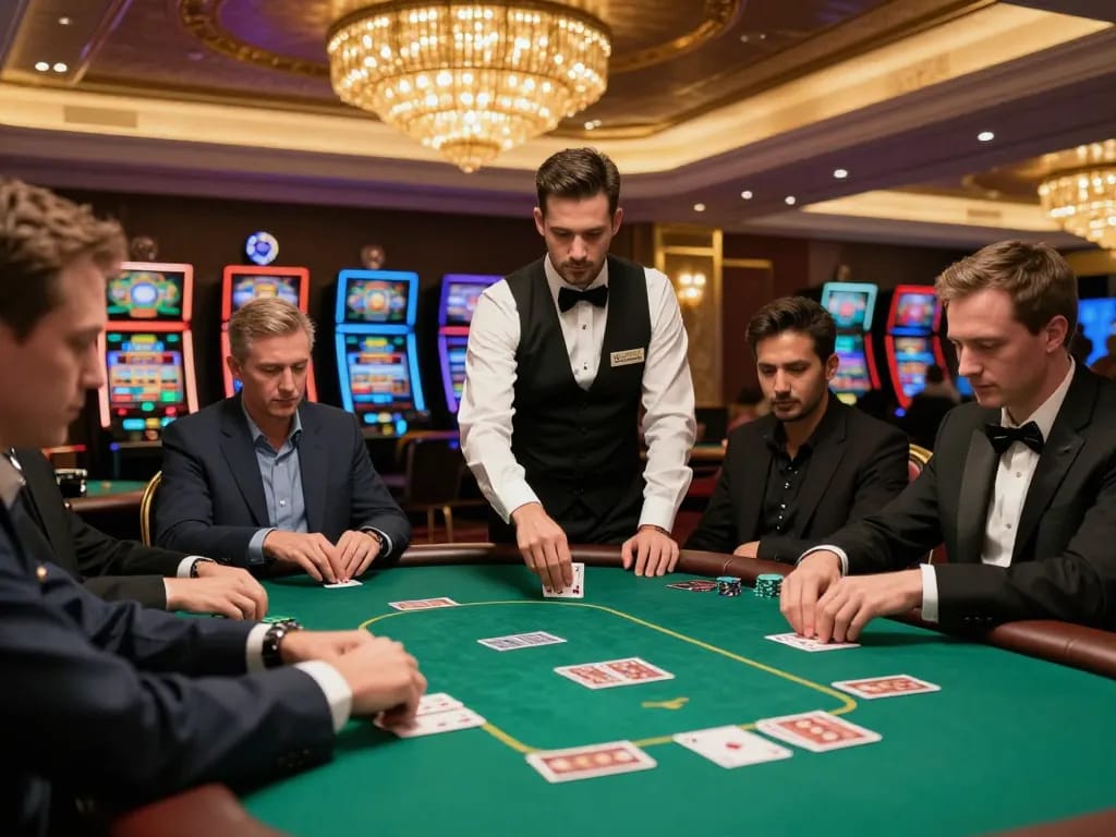 sun win poker game action with players focused and dealer dealing in upscale casino atmosphere
