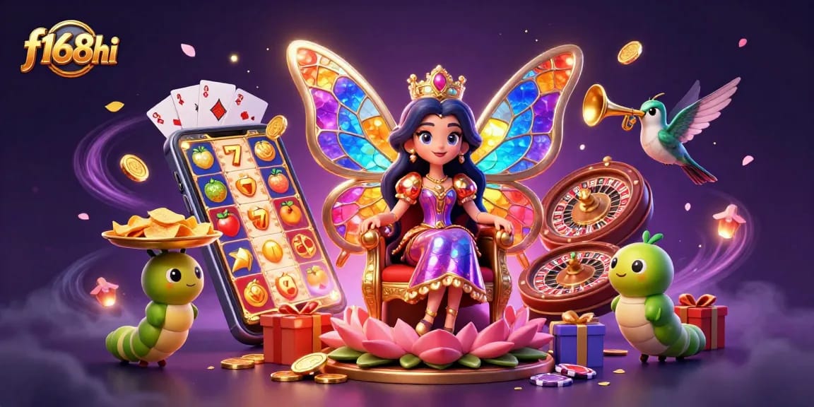 Spin thrilling slots and win with f168hi's vibrant casino scene featuring a butterfly queen.