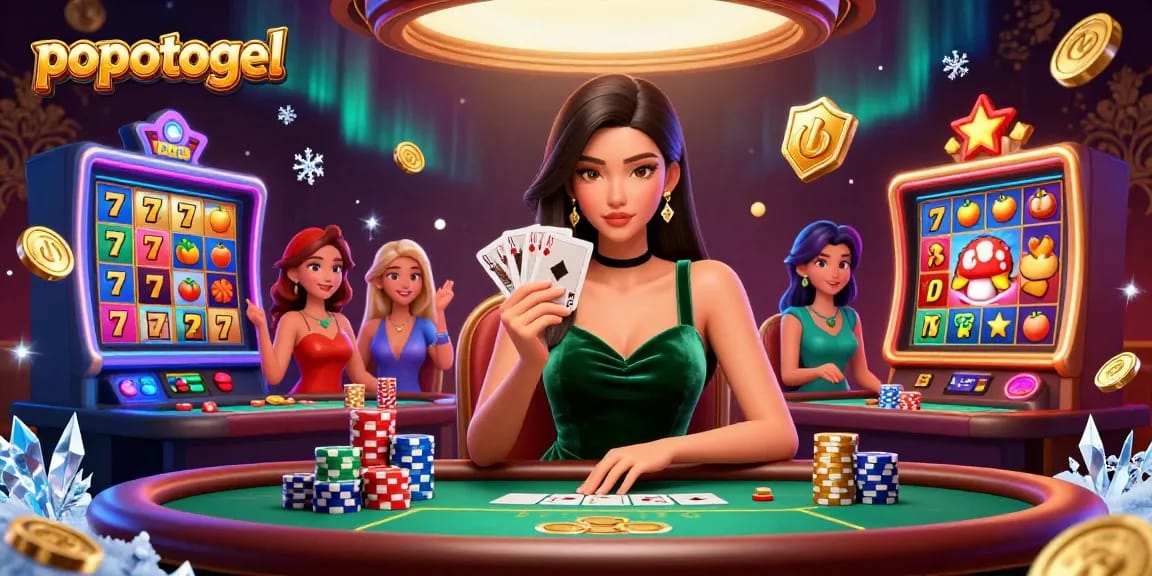 Experience the thrill of popotogel slots with vibrant reels and a strategic player at the poker table.
