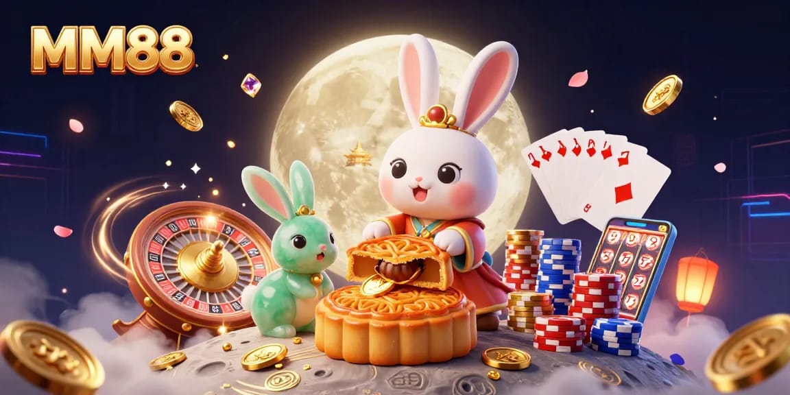 Experience the excitement of MM88 with a vibrant moon rabbit scene surrounded by casino elements.