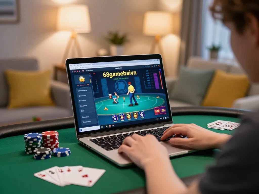 Player engaging with 68gamebaivn for thrilling online gambling experience at home