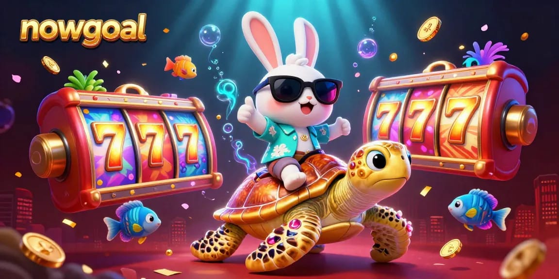 Experience thrilling gameplay with nowgoal as a lucky rabbit rides a golden turtle in an animated casino setting.