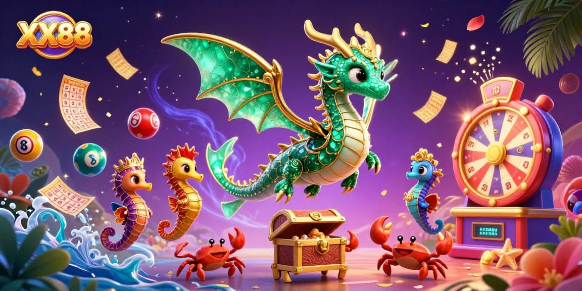 Experience the excitement of XX88 as the emerald sea dragon guards a treasure chest amidst colorful lottery elements.