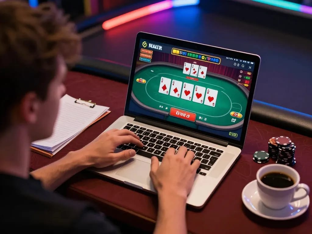 Player engaging in LGO SUPER online poker game from a contemporary workspace, showcasing strategic gameplay and excitement.