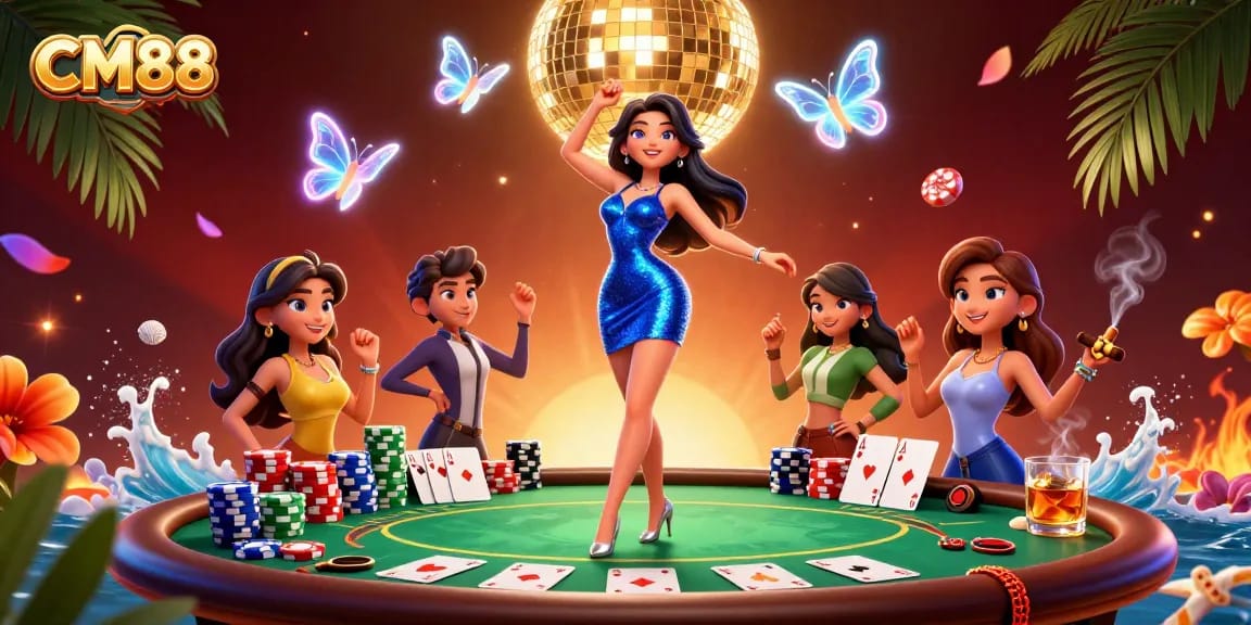 Engage in thrilling gameplay with CM88's vibrant casino scene featuring poker action and glamorous characters.