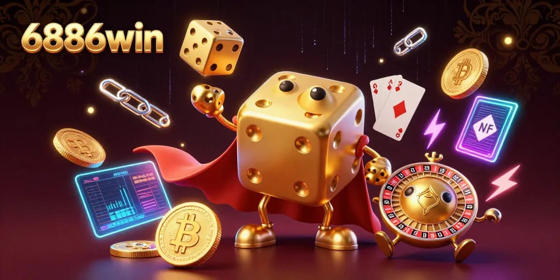 Experience the thrilling realm of gambling with 6886win's dynamic casino creation showcasing golden dice and crypto elements.