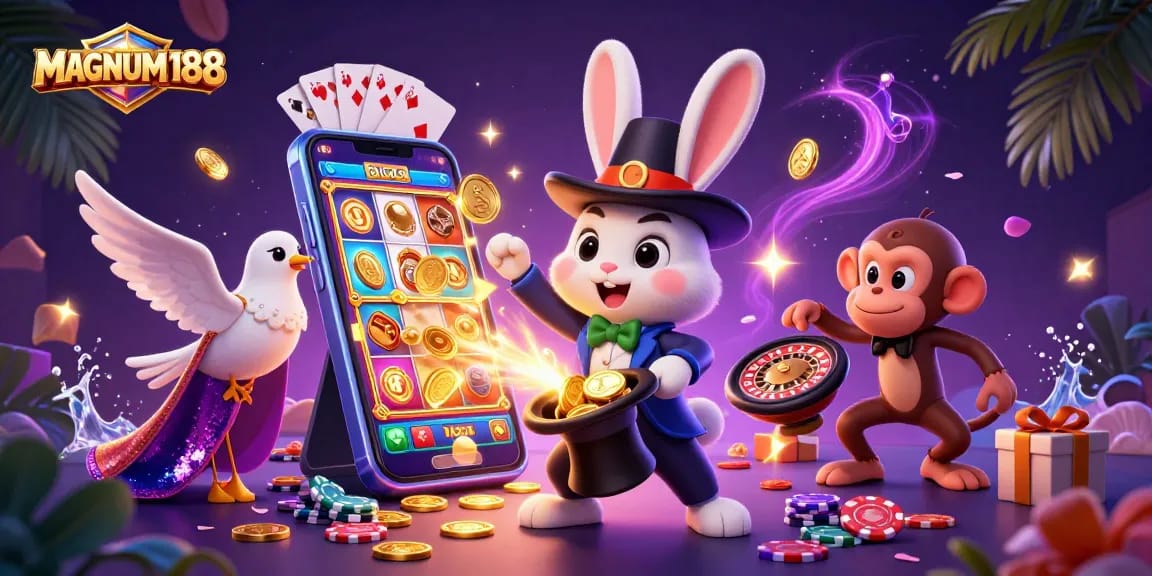 Experience the thrilling world of MAGNUM188 with a magician rabbit pulling coins while a monkey steals poker chips!