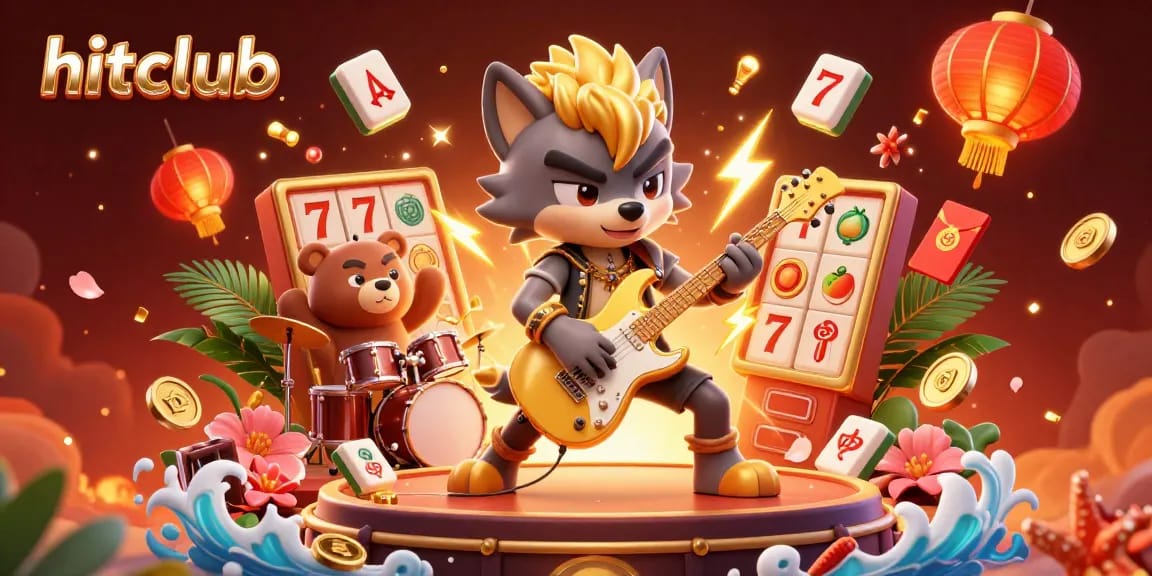 Experience thrilling gameplay with hitclub's vibrant casino scene featuring rock star characters and slot elements.