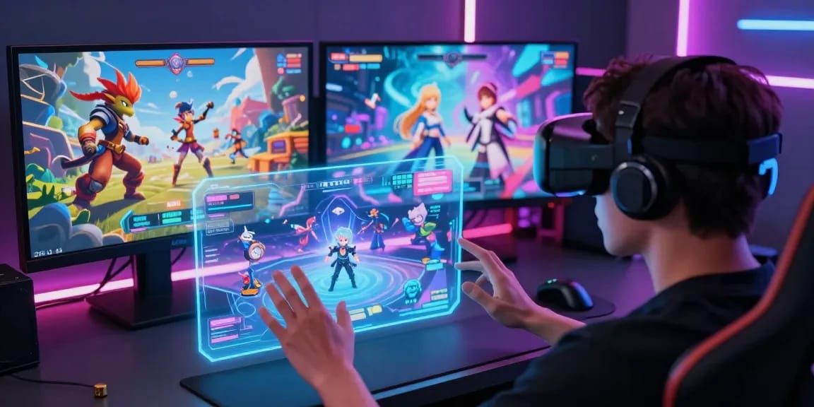Engaging gaming scene featuring hentai games with a player immersed in a vibrant virtual world, showcasing colorful graphics and dynamic characters.