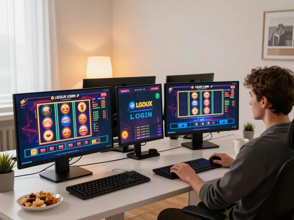 Engaging scene of LGOLUX LOGIN online gaming experience with colorful games on screens and cozy setup